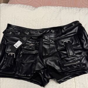 Black Faux Leather Cargo Shorts - Women's Stylish Utility Shorts